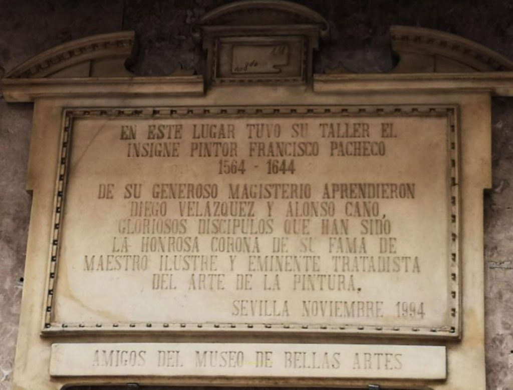 Placa en el lugar donde estuvo el taller de Pacheco, Sevilla